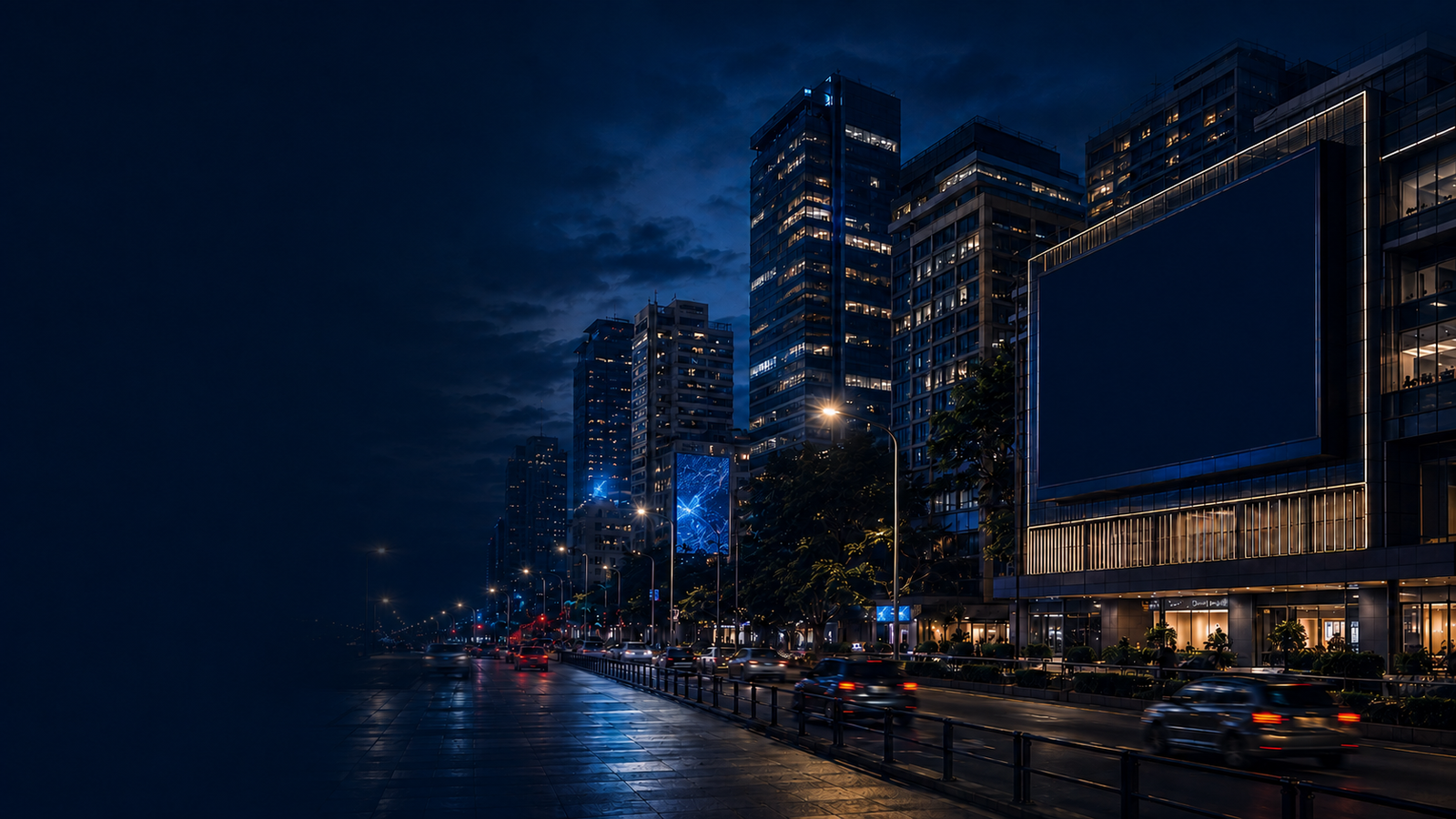 Premium digital out-of-home media in a metropolitan business district with a clean digital billboard